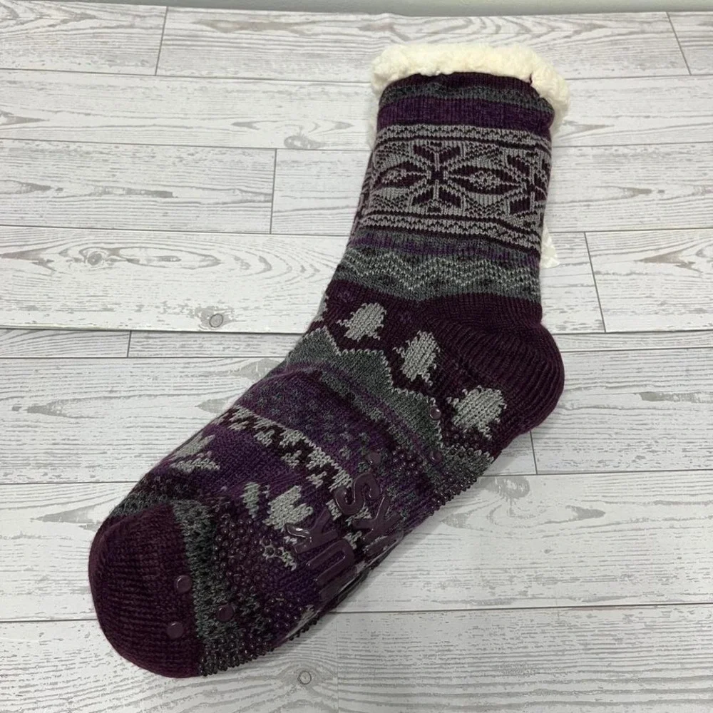 Muk Luks Womens Cabin‎ Socks Purple Fair Isle Jojoba Slipper Socks Hygge Nordic